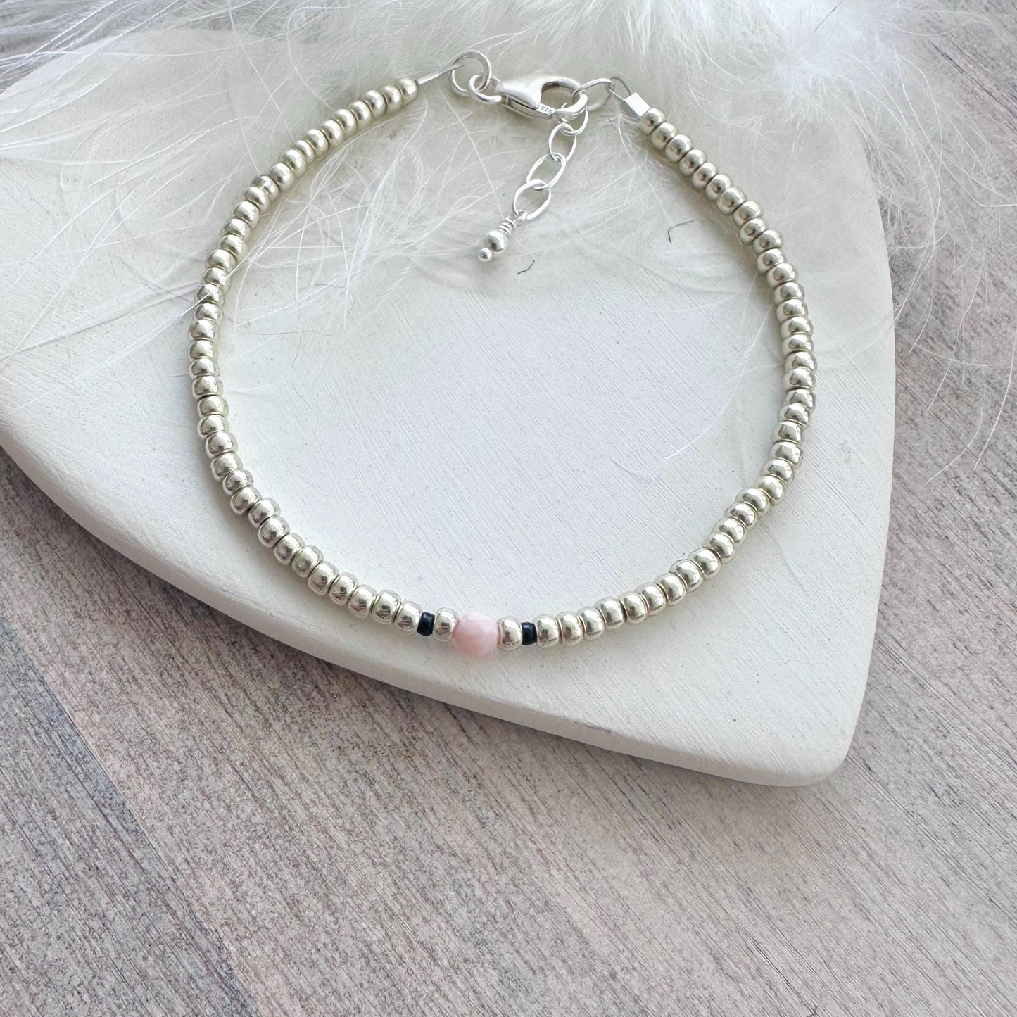 Dainty October Birthstone seed bead bracelet, Pink Opal jewellery