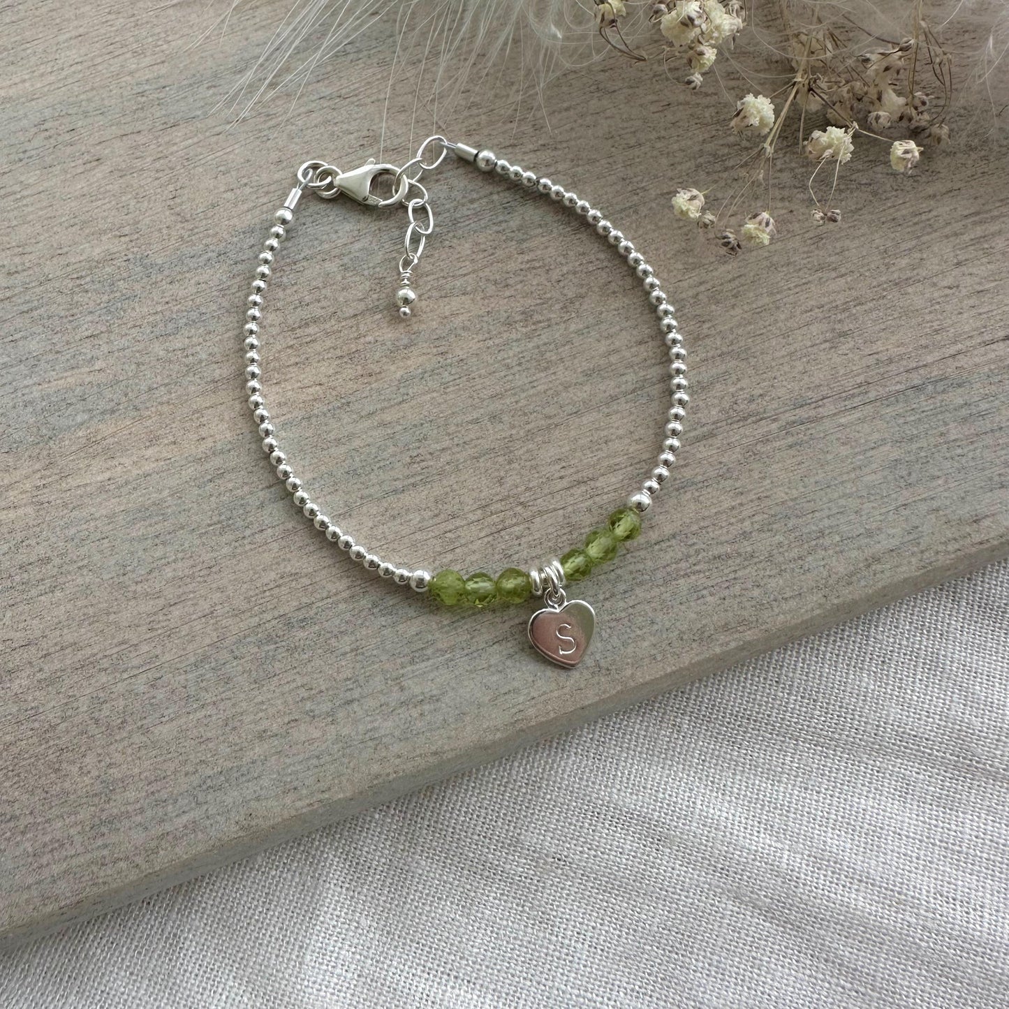 Personalised August Birthstone Bracelet, Dainty Peridot Bracelet in Sterling Silver