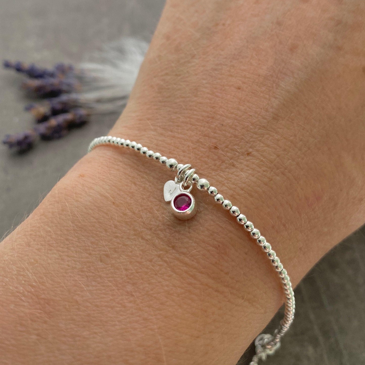 Dainty October Birthstone CZ Initial Bracelet, Personalised sterling silver Jewellery with Cubic Zirconia