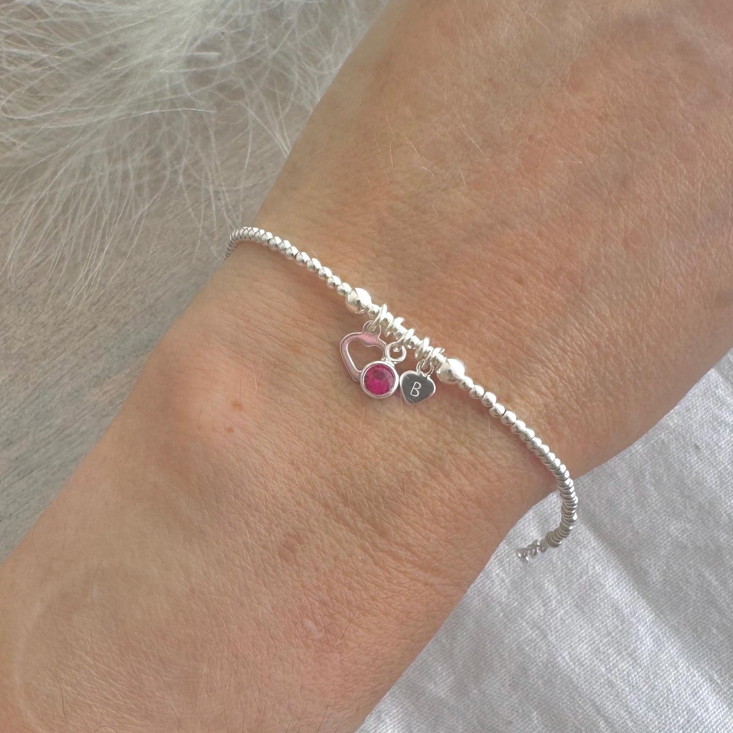 Personalised October Birthstone Bracelet for Birthday, Initial & Gem Crystal Charm in Sterling Silver