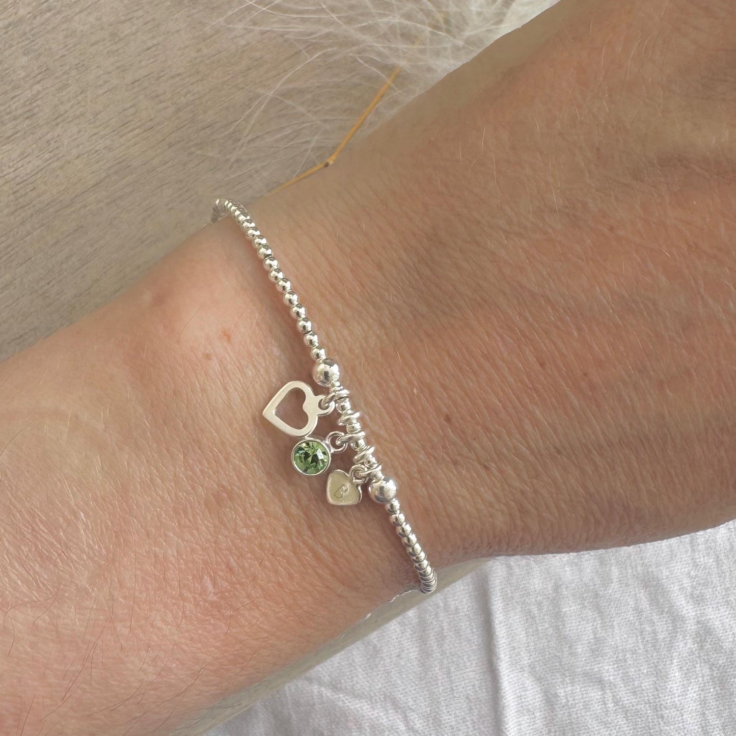 Personalised August Birthstone Bracelet for Birthday, Initial & Gem Crystal Charm in Sterling Silver