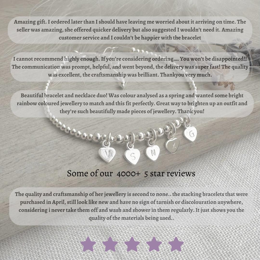 The image is a collage of several photos featuring a bracelet and a necklace. The collage includes a close-up of the bracelet and a description of the jewelry, as well as a description of the quality and craftsmanship of the jewelry.