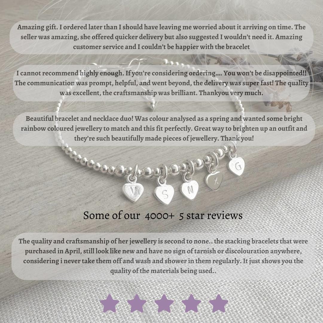 The image is a collage of several photos featuring a bracelet and a necklace. The collage includes a close-up of the bracelet and a description of the jewelry, as well as a description of the quality and craftsmanship of the jewelry.
