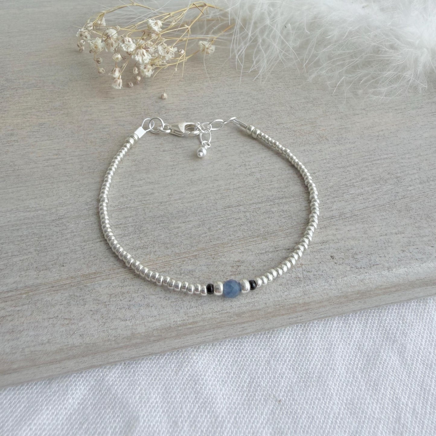 Dainty September Birthstone seed bead bracelet, Sapphire jewellery