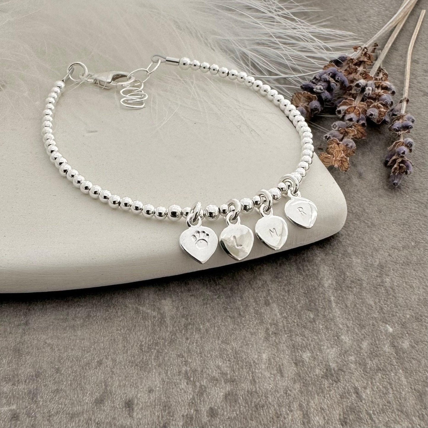 Paw Family and Pet Initials Personalised Bracelet sterling silver, Cat Dog lovers gift Dainty Jewellery