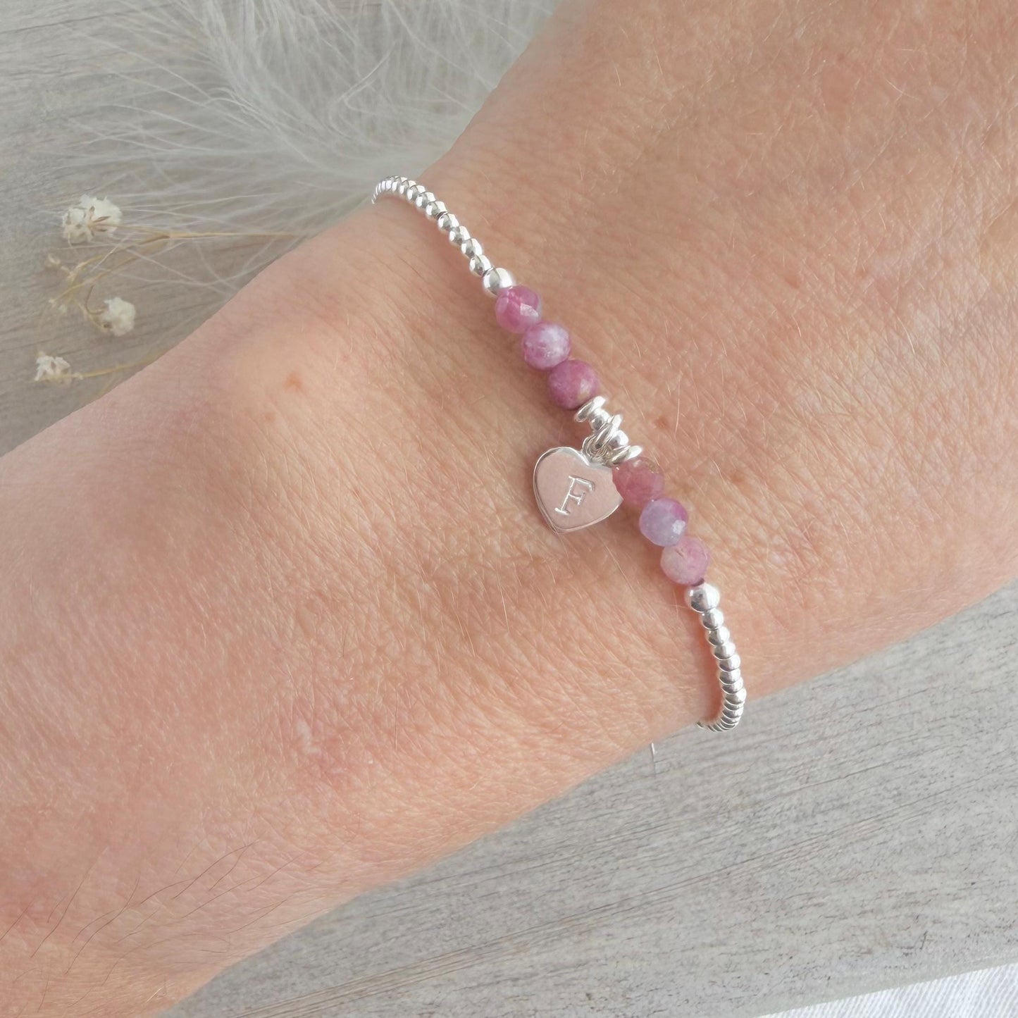 Personalised October Birthstone Bracelet, Pink Tourmaline Jewellery in Sterling Silver