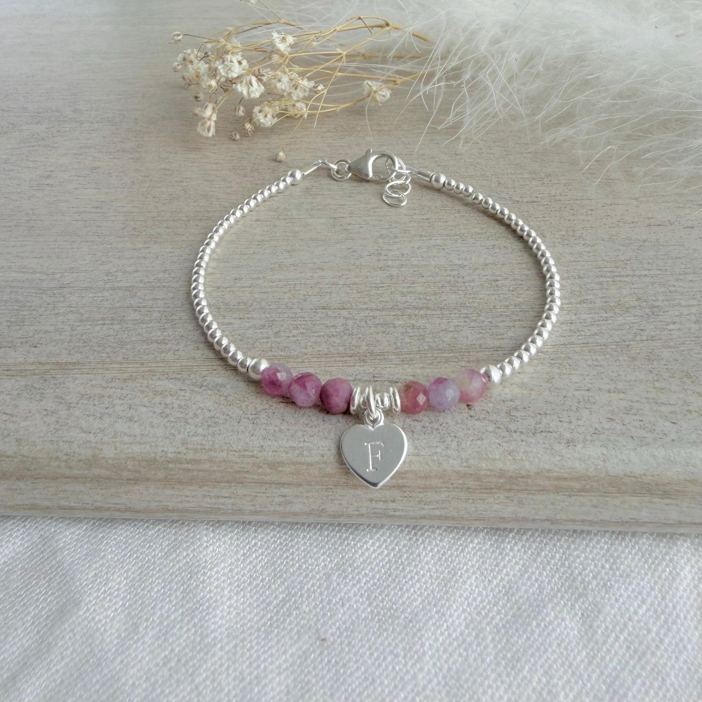 Personalised October Birthstone Bracelet, Pink Tourmaline Jewellery in Sterling Silver