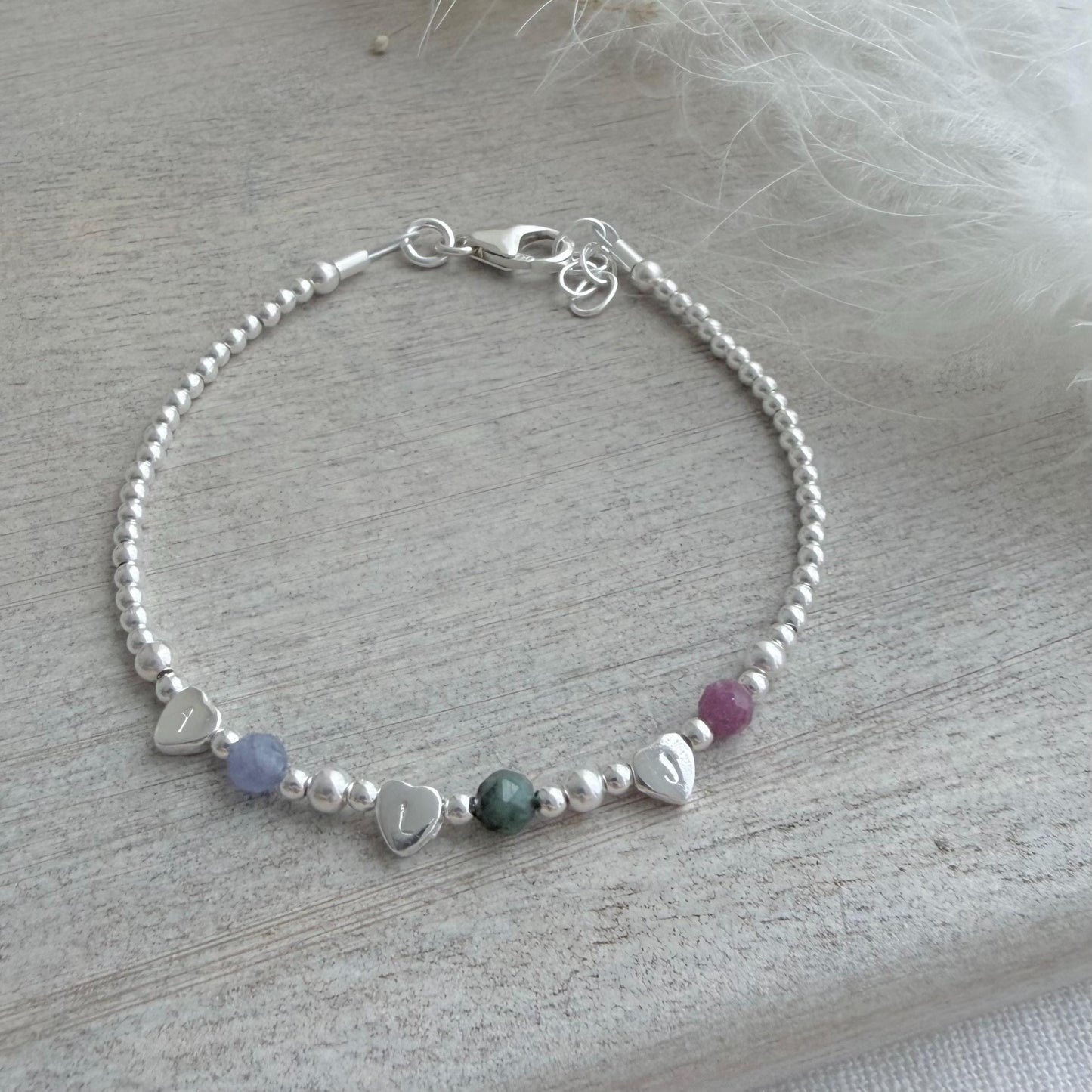 Very dainty personalised Family Birthstone Bracelet with Family Initial hearts for Mum or Grandmother for Christmas