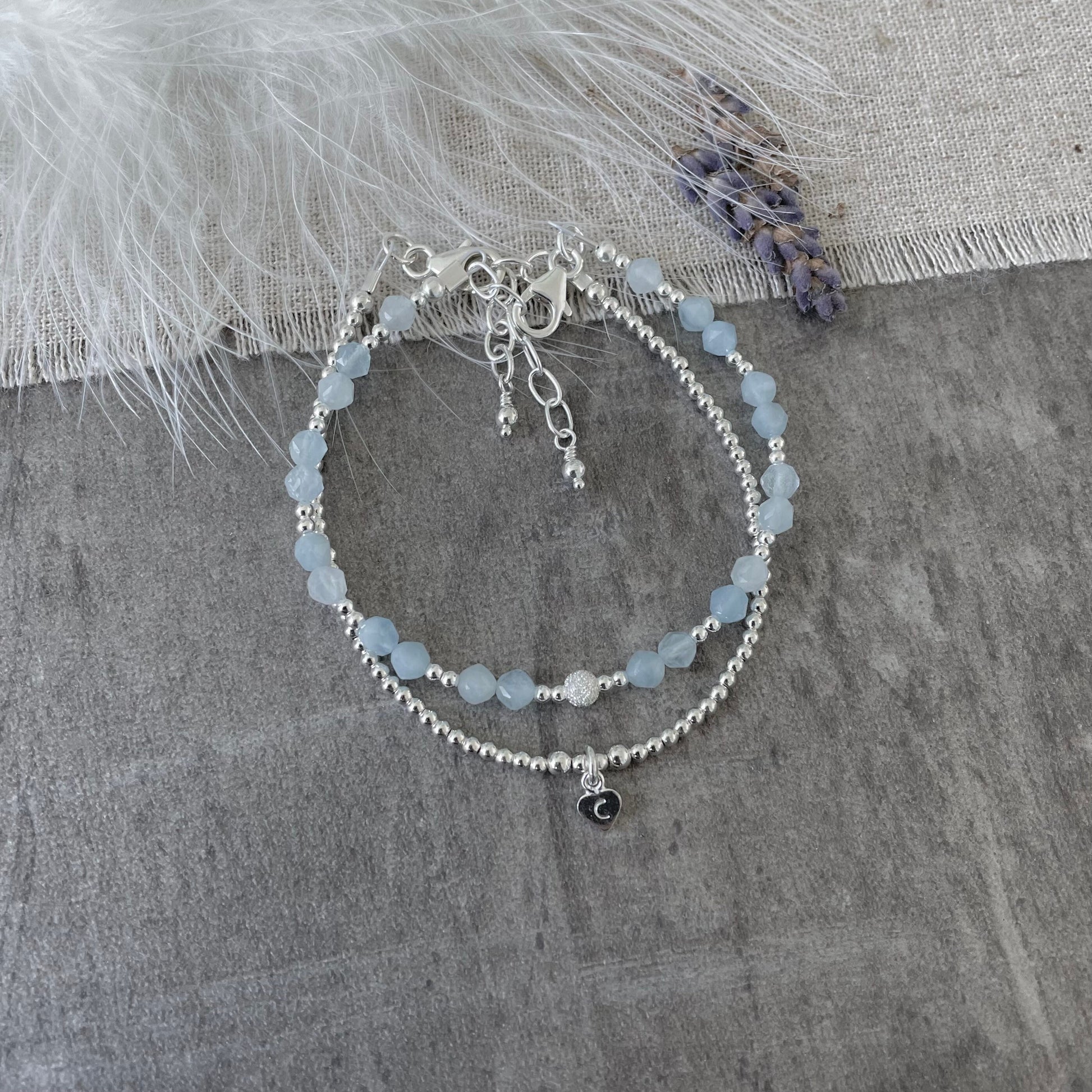 Set of 2 March Birthstone Aquamarine Bracelets, Stacking Bracelets for March Birthday, Aquamarine Jewellery for Women