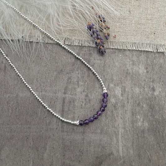 Thin Amethyst and Sterling Silver Bead Necklace, February Birthstone