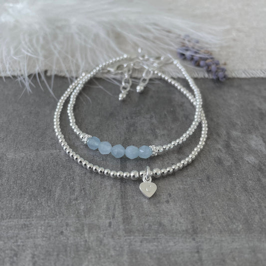 Personalised Aquamarine Bracelet Set, March Birthstone Jewellery, Initial Bracelets, Aquamarine Jewellery
