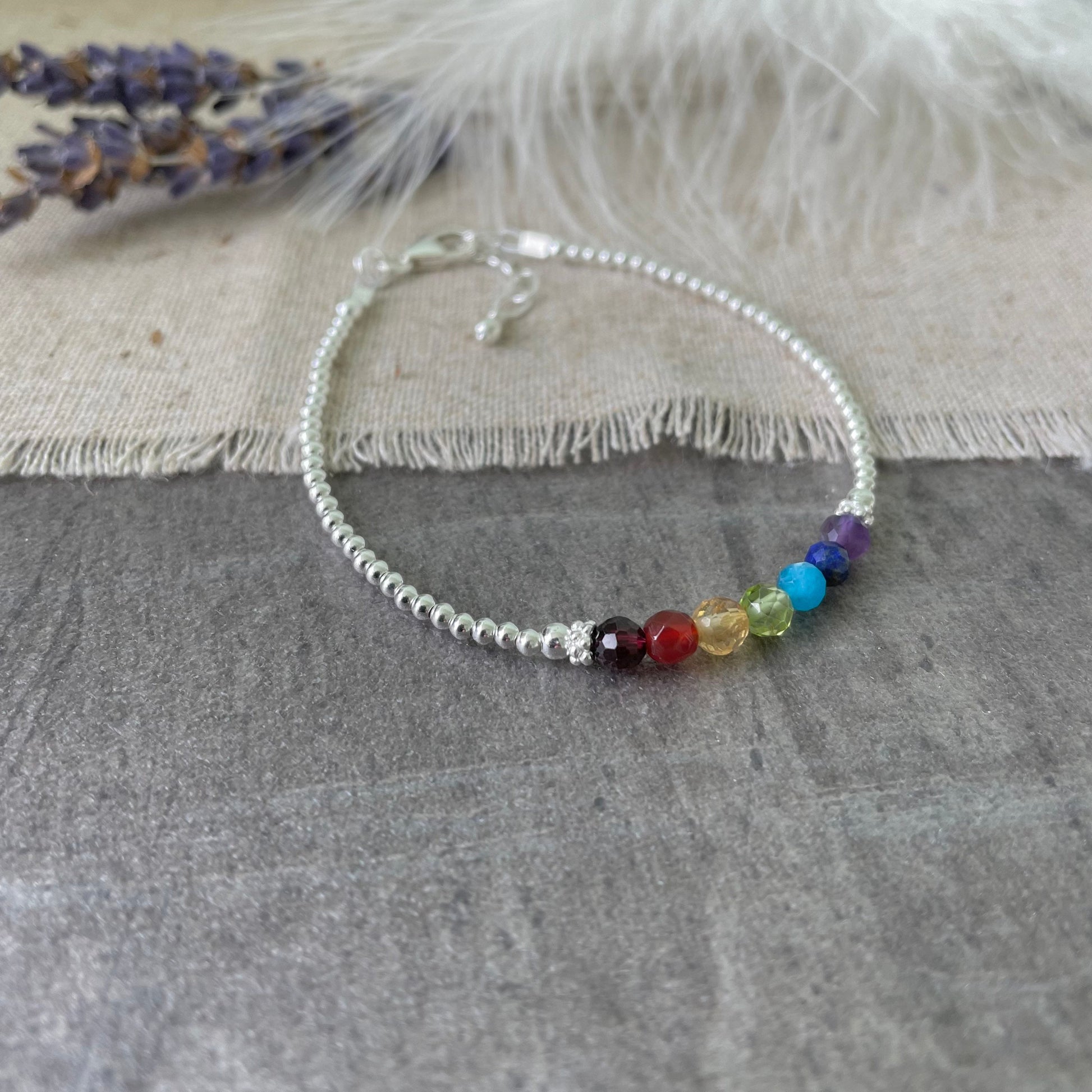 Dainty Rainbow gemstones bracelet with sterling silver, Crystals Gift