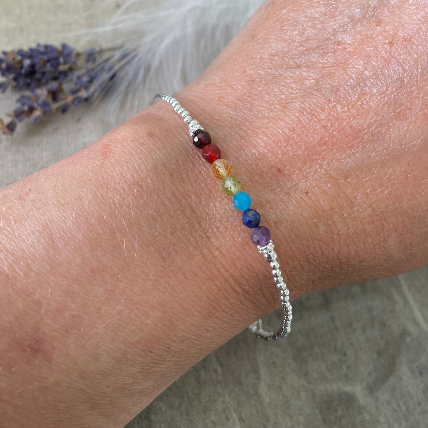 Dainty Rainbow gemstones bracelet with sterling silver, Crystals Gift