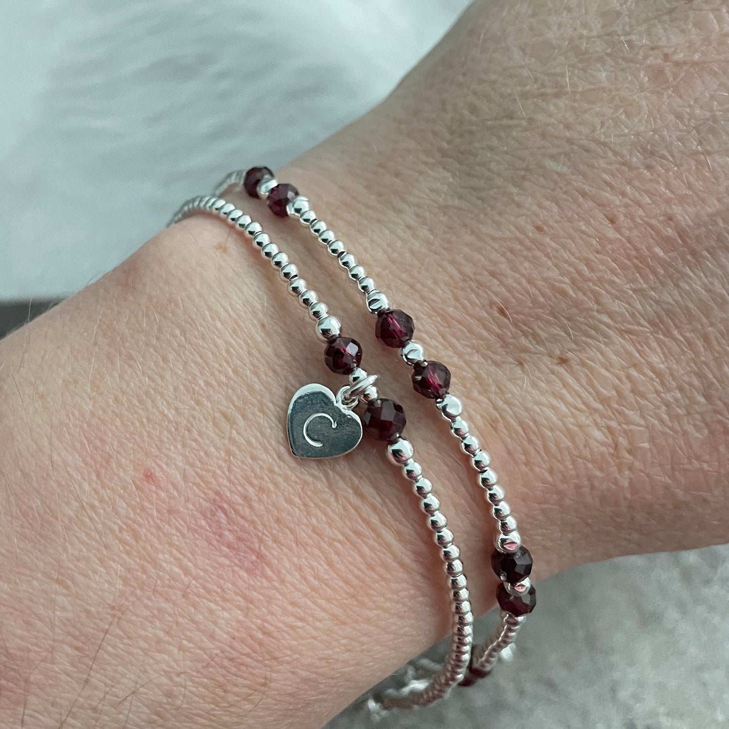 Personalised Bracelet Set with Garnet, January Birthstone Jewellery