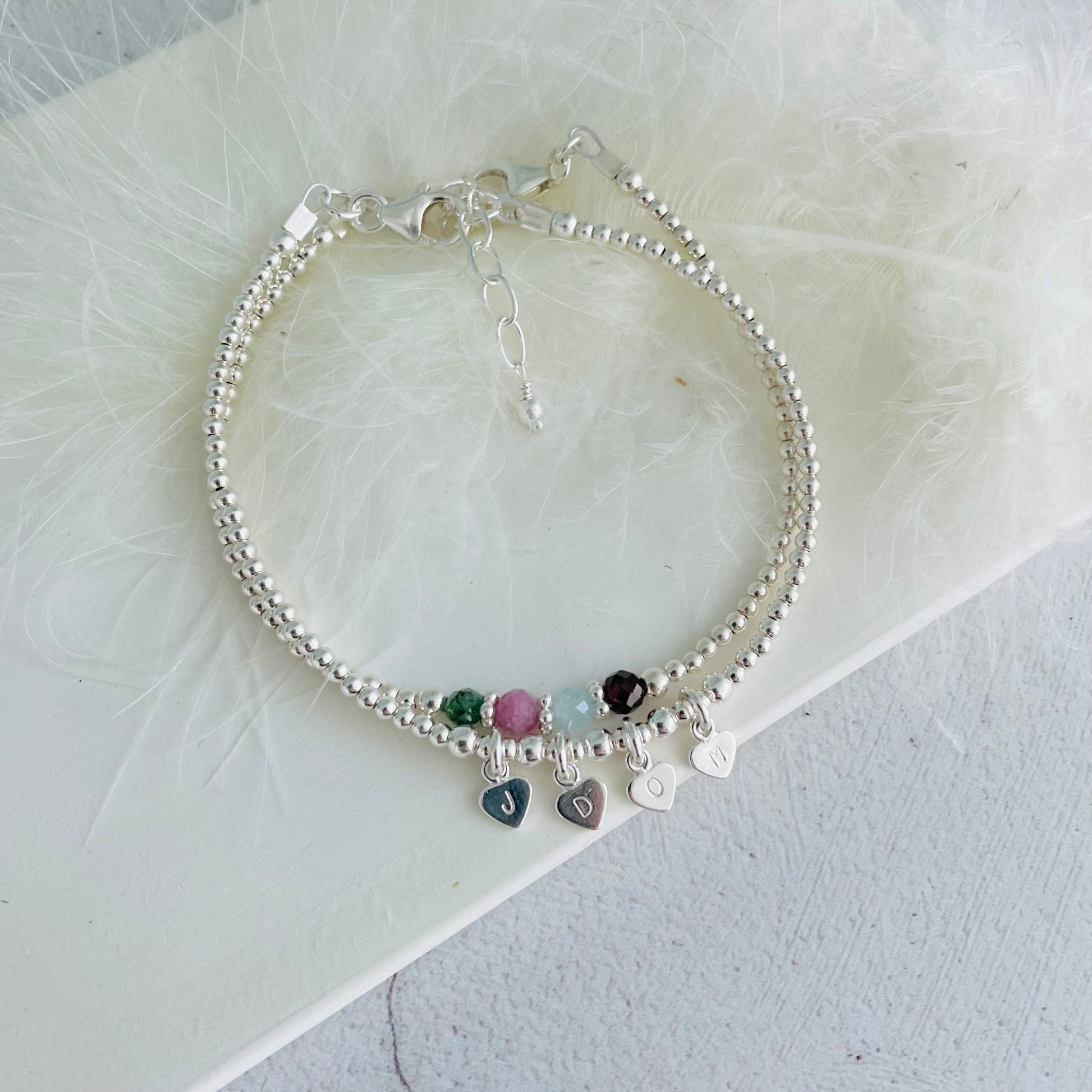 Mothers Day Bracelet Set with Family Initials and Birthstones, Personalised Dainty Family Jewellery
