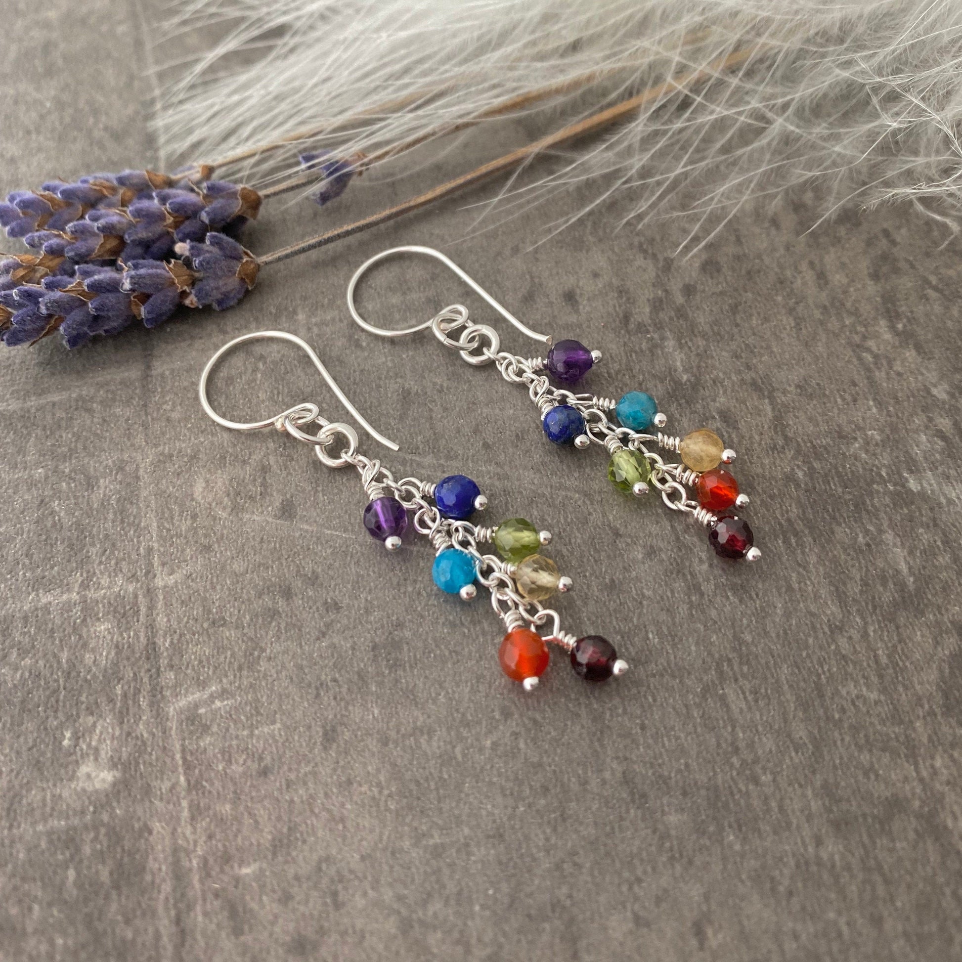 Gemstone Chakra Earrings, Rainbow Cascade Earrings, Silver Earrings, Rainbow Gift, mindful gift, Chakra Crystals