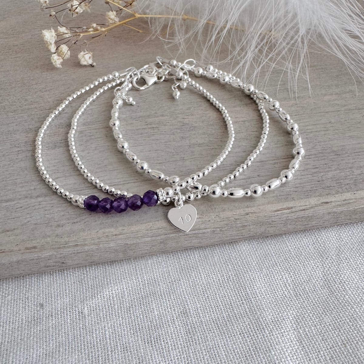 3 Birthstone Bead & Age Bracelet Set in Sterling Silver, 16th 18th 21st 30th 40th 50th 60th Layering Bracelet Set for Women