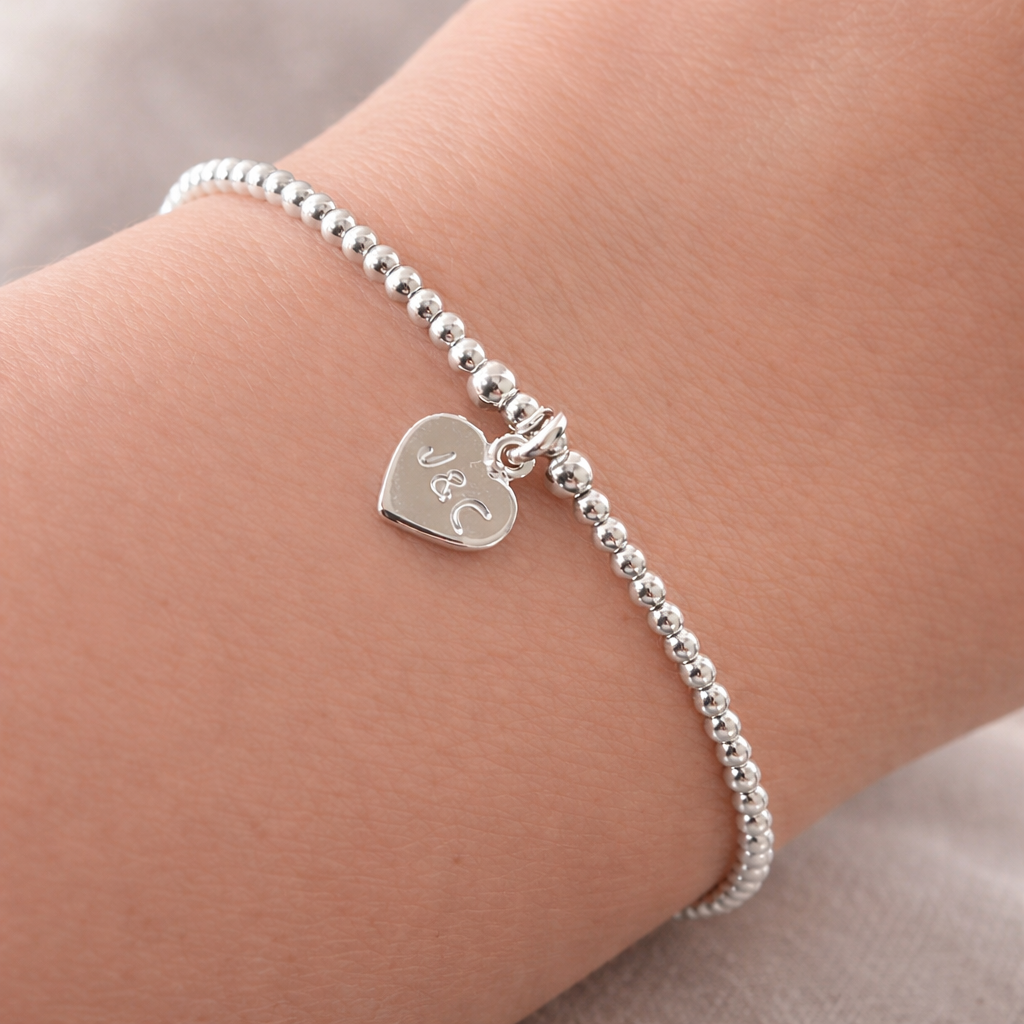 Valentines Day Bracelet in Sterling Silver, Couples Initials on Dainty Personalised Bracelet