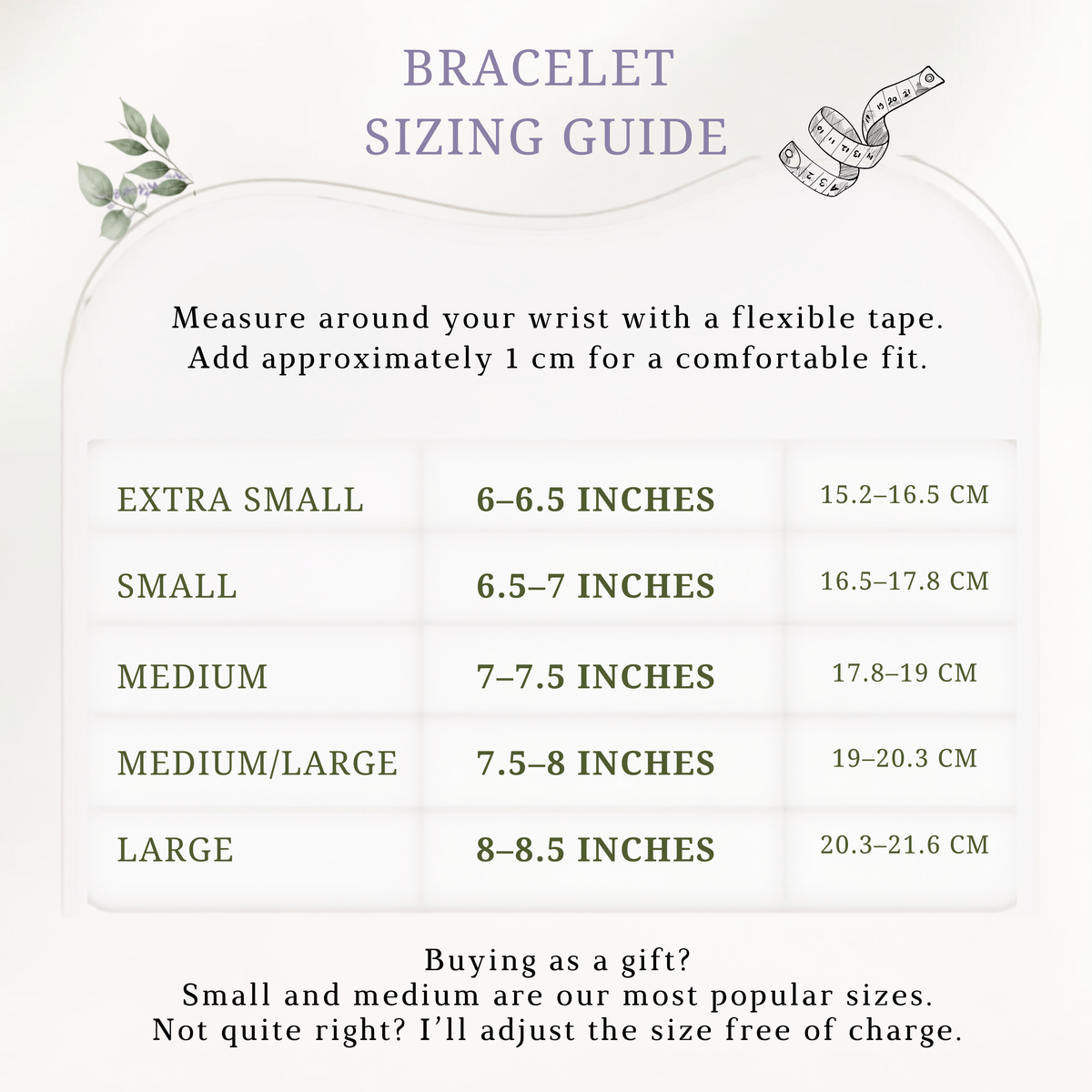 The image is a bracelet sizing guide that provides measurements and corresponding bracelet sizes for different wrist sizes.
