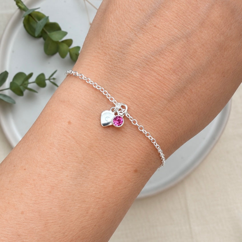 Personalised Sterling Silver Initial Bracelet with Birthstone, Dainty Birthday Gift