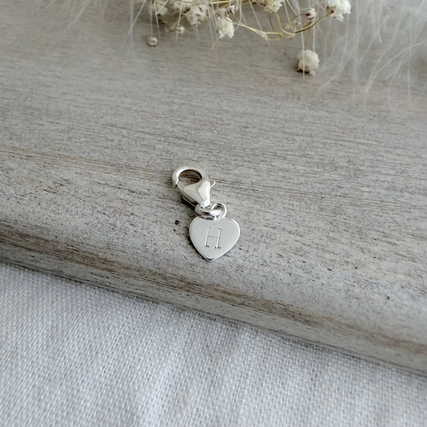 Initial Heart Charm on Clip in Sterling Silver