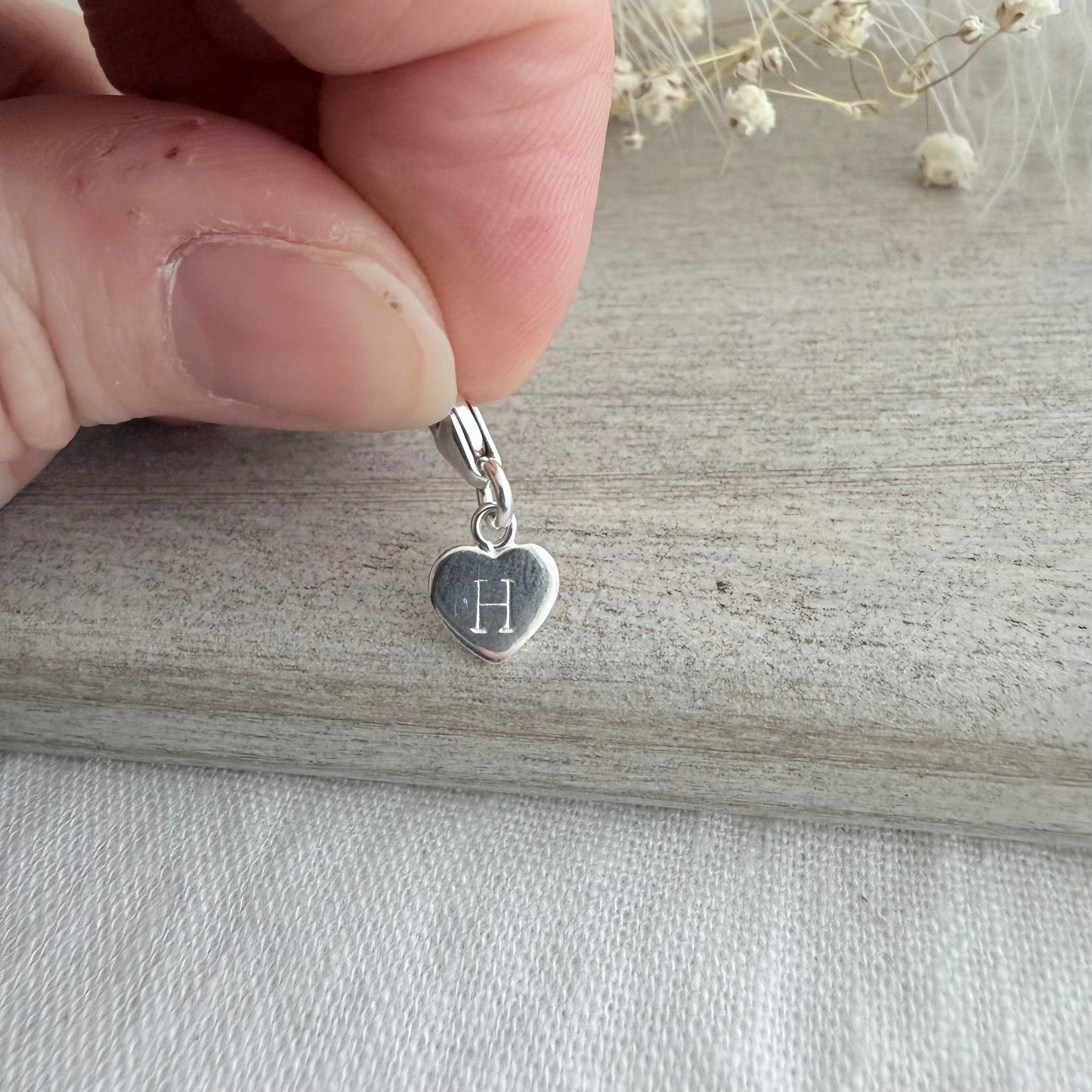 Initial Heart Charm on Clip in Sterling Silver