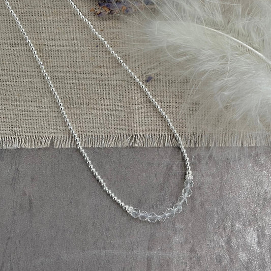 Thin Rock Quartz and Sterling Silver Bead Necklace, April Birthstone
