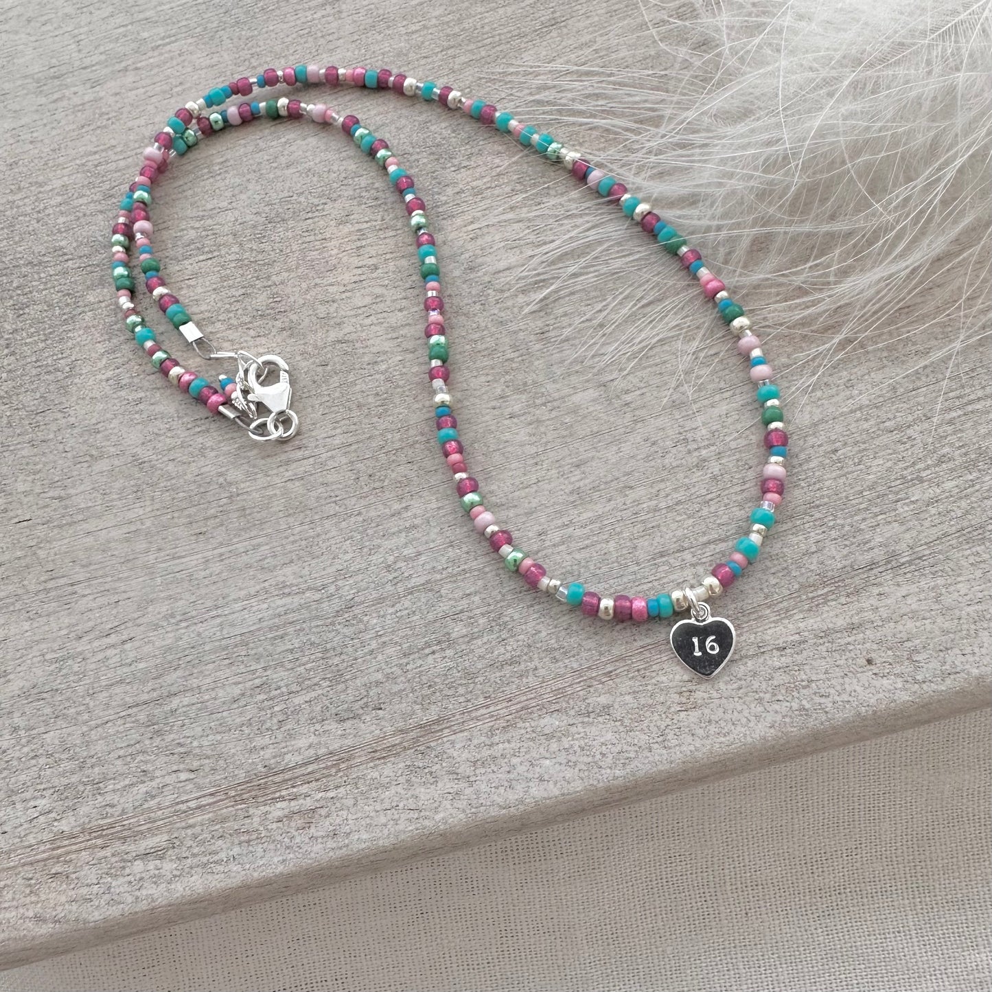 Glass Beaded Necklace with Age Charm 16th 18th 21st  30th 40th 50th 60th Milestone Birthday Jewellery with seed beads