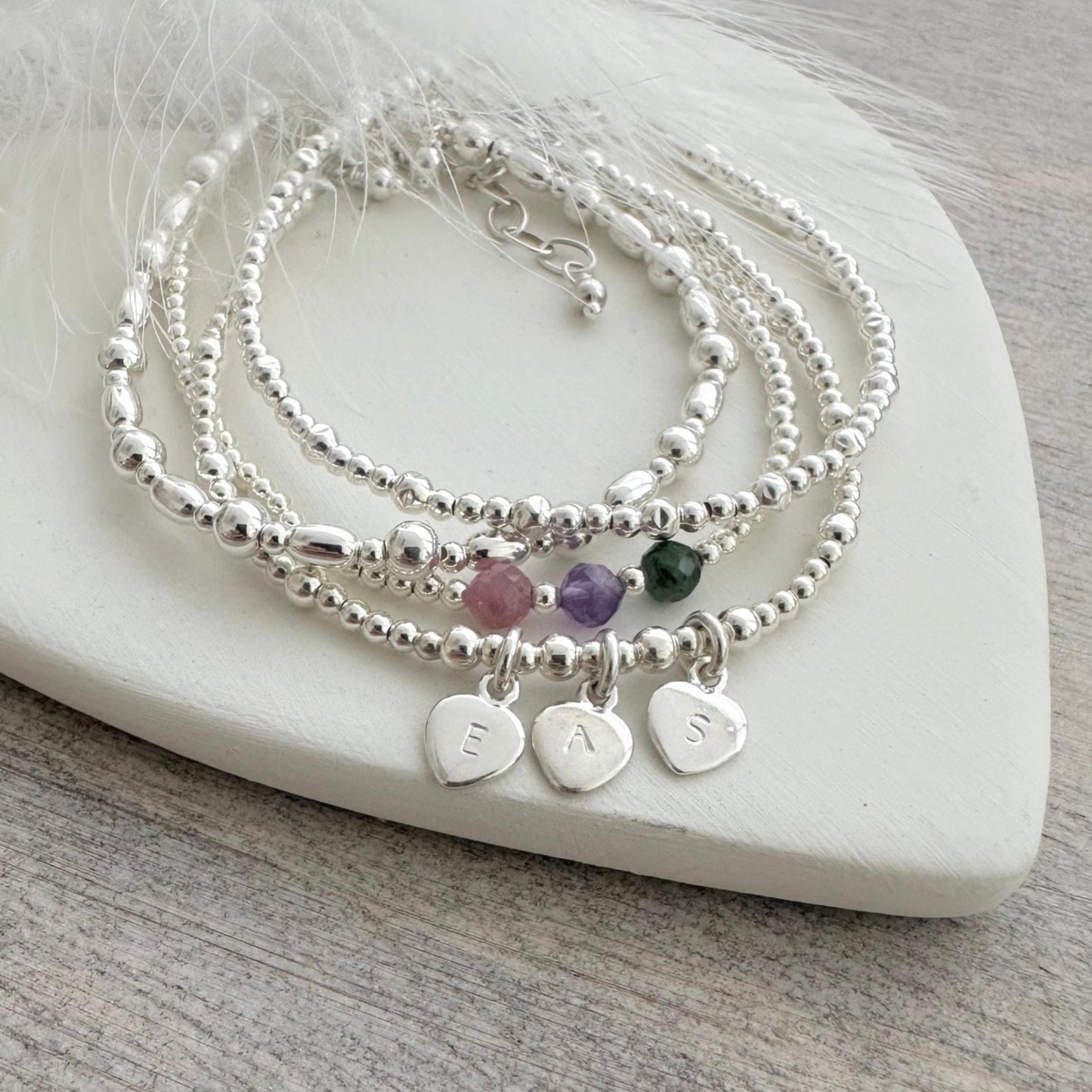 Family Birthstone & Initial Layering Bracelet Set, Dainty Family Jewellery