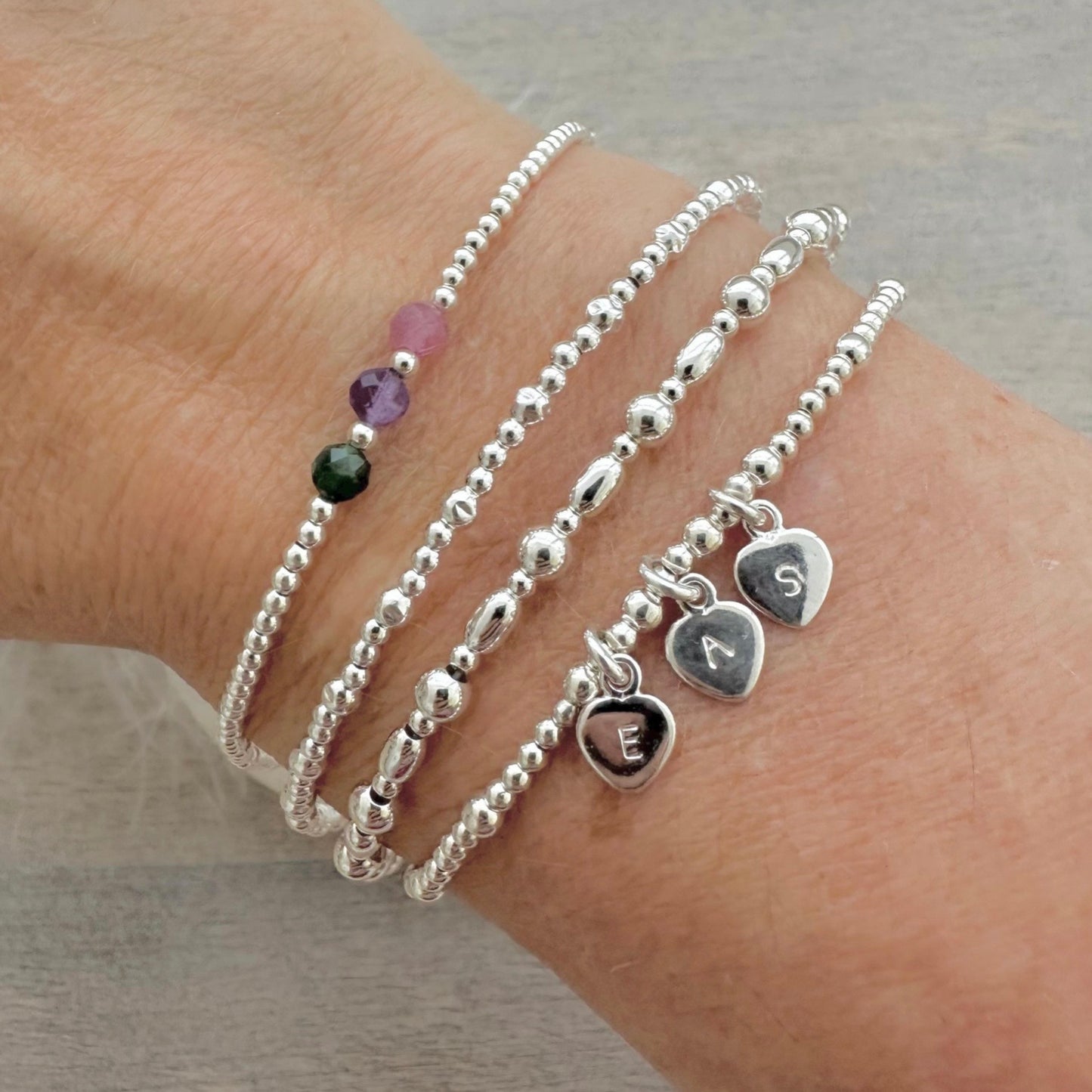 Family Birthstone & Initial Layering Bracelet Set, Dainty Family Jewellery