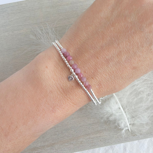 Pink Tourmaline Bracelet Set, October Birthstone Jewellery personalised with Initial