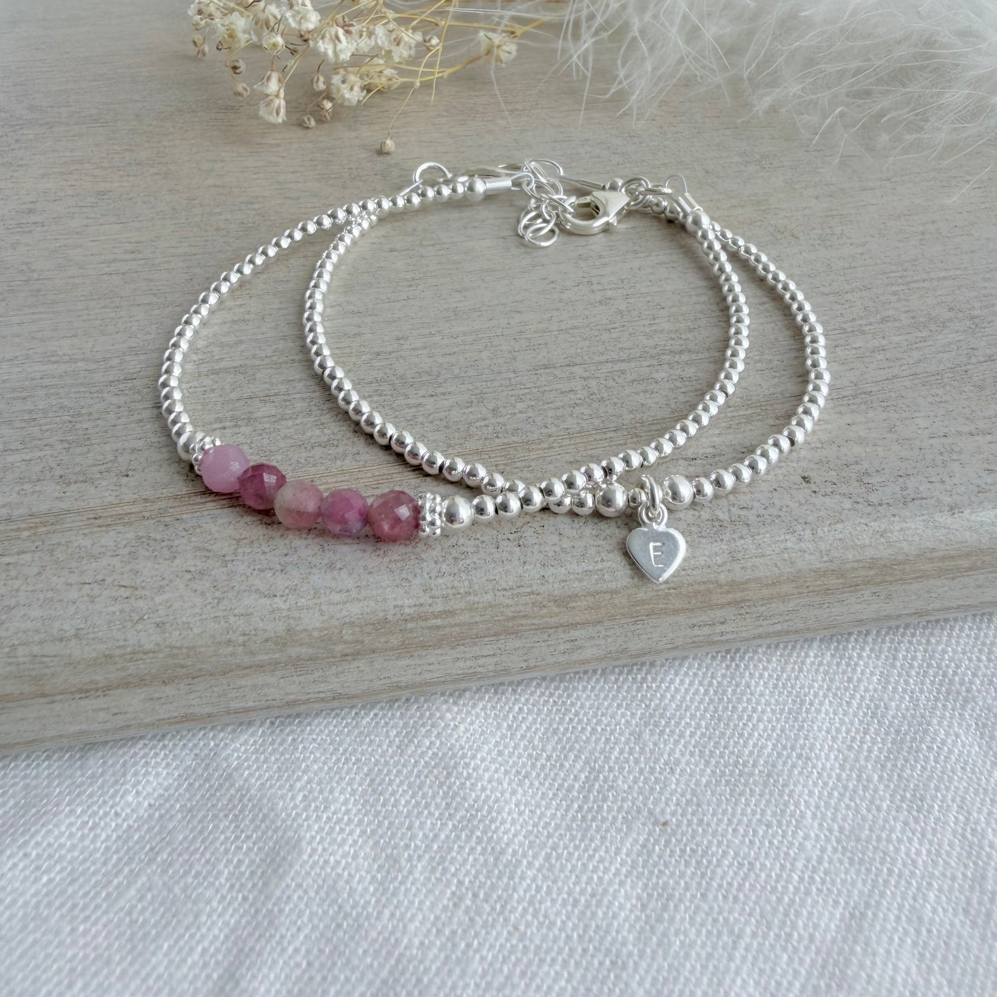 Personalised Tourmaline Bracelets the October Birthstone, Initial Jewellery with Pink Tourmaline