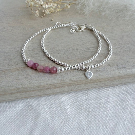 Personalised Tourmaline Bracelets the October Birthstone, Initial Jewellery with Pink Tourmaline