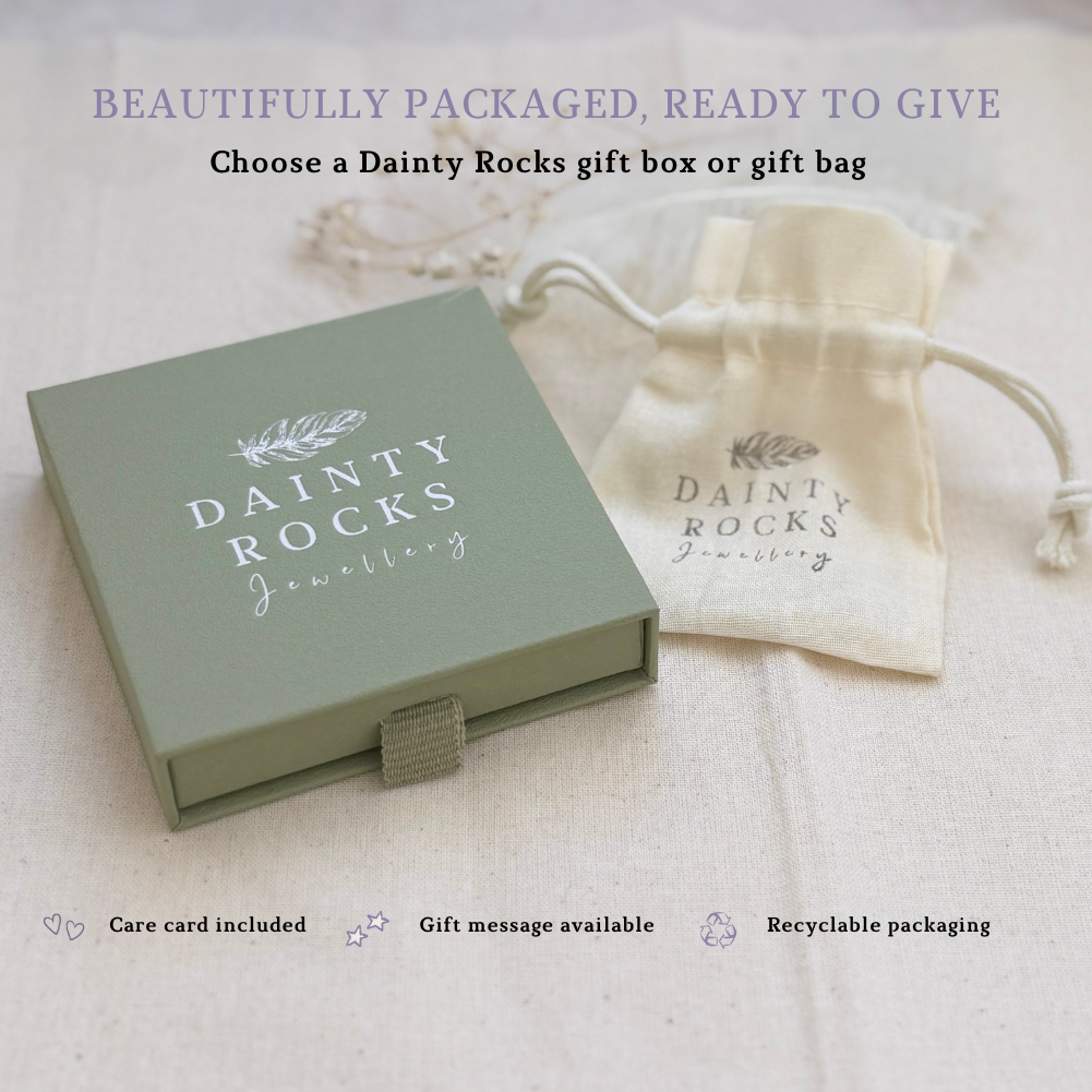 a gift box and a gift bag from Dainty Rocks Jewelry, with the text "Beautifully packaged, ready to give" and "Choose a Dainty Rocks gift box or gift bag".