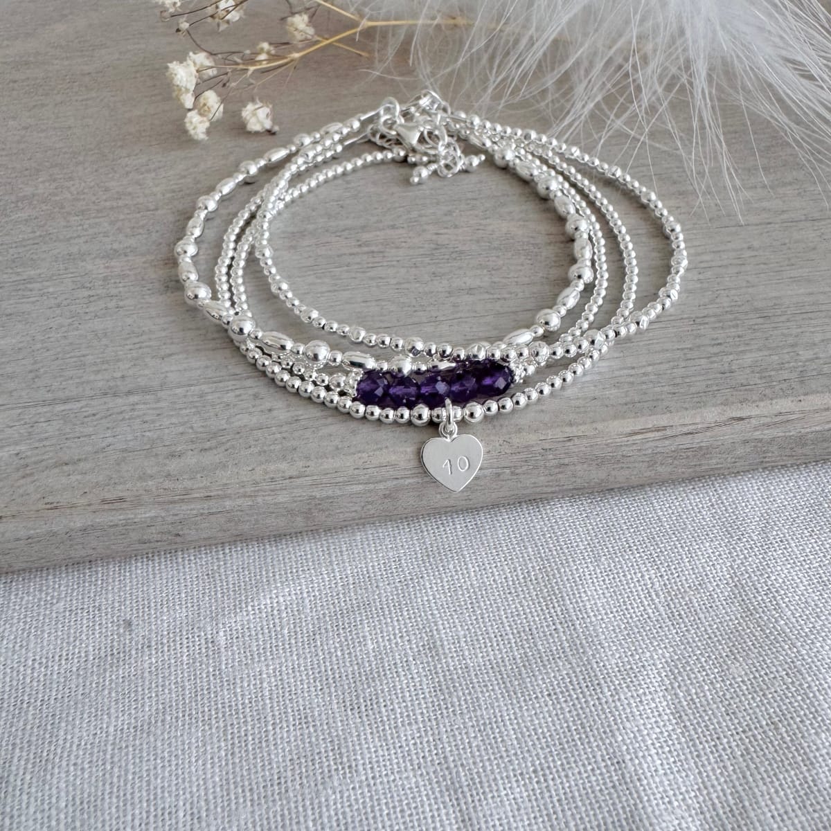 Age and Birthstone 4 Beaded Bracelet Set in Sterling Silver, Personalised Layering Bracelet Set for Women 16th 18th 21st 30th 40th 50th 60th