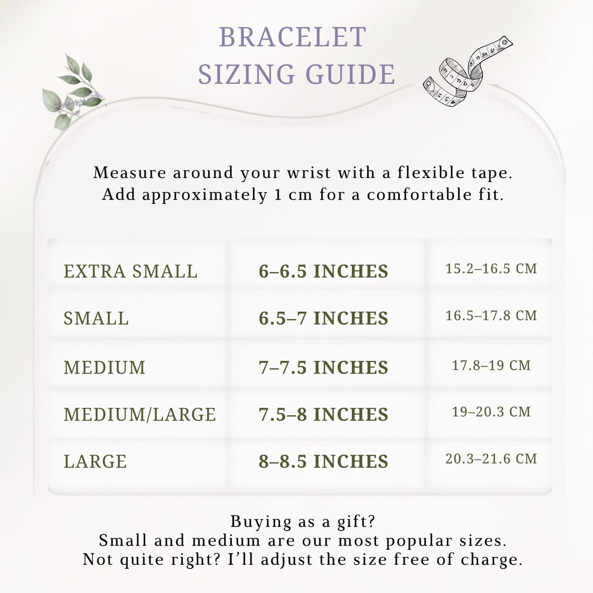 The image is a bracelet sizing guide that provides measurements and corresponding bracelet sizes for different wrist sizes.