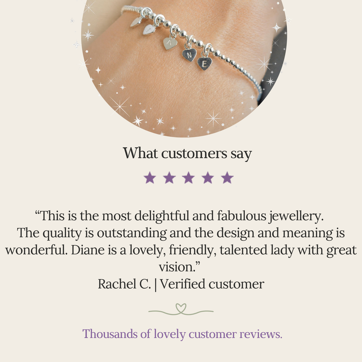 a close-up of a bracelet with charms on a person's wrist, accompanied by a starry background and a review rating.