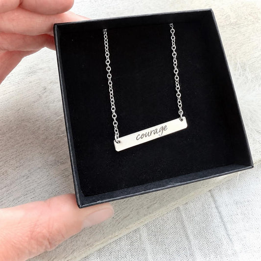 Engraved ‘COURAGE’ Necklace, Gift for Friend, Sterling Silver Personalised Jewellery