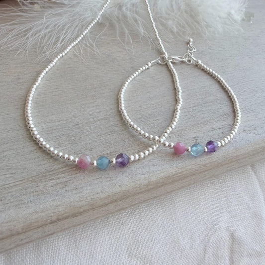 Family Birthstones Bracelet and Necklace Set, Dainty Meaningful Sterling Silver Jewellery for Mums