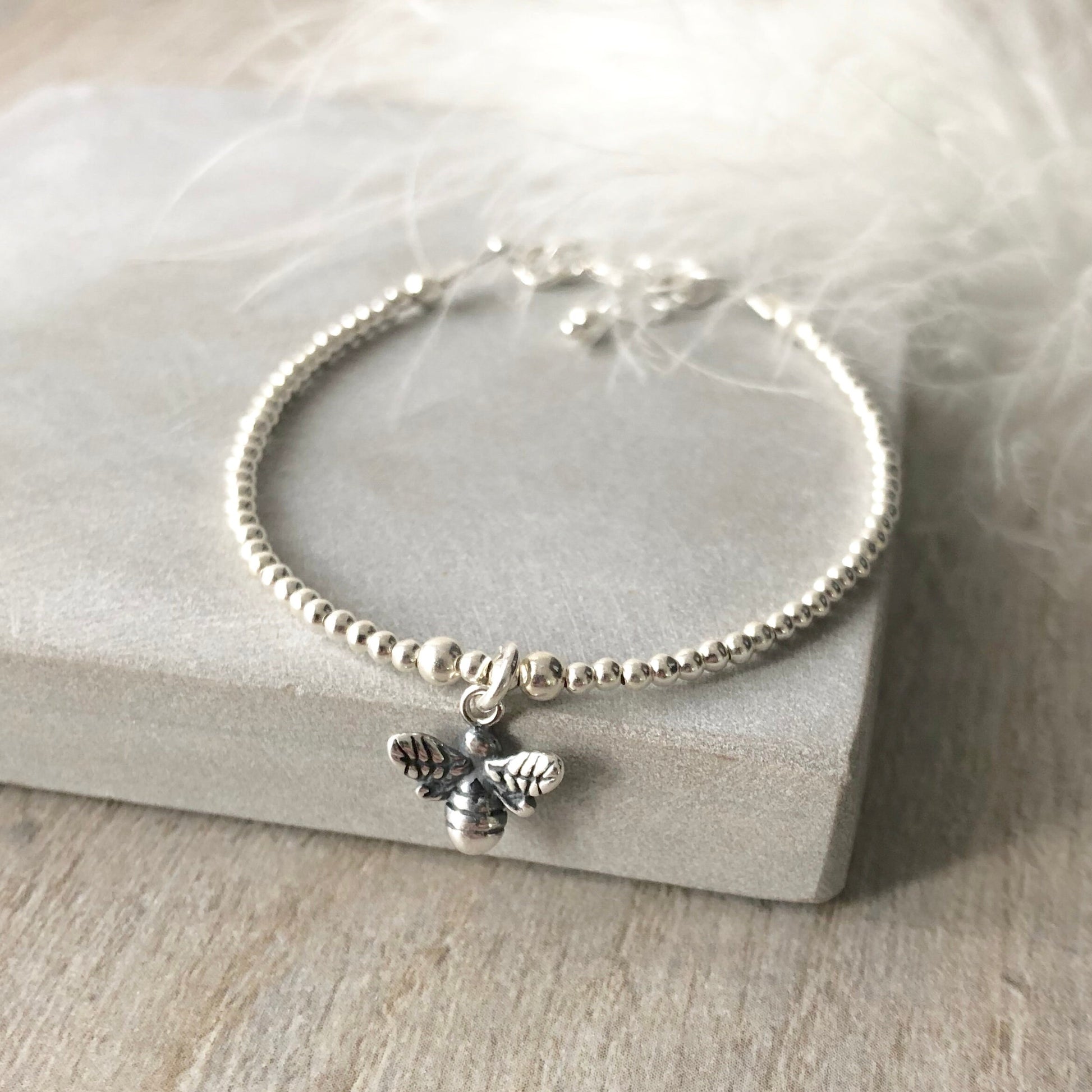 Sterling Silver Bee Beaded Bracelet, Bee Charm Jewellery Gift for Her, Layering Bracelets for Women