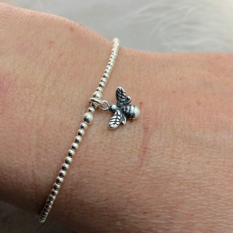 Sterling Silver Bee Beaded Bracelet, Bee Charm Jewellery Gift for Her, Layering Bracelets for Women