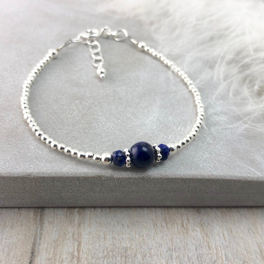 Blue Lapis Lazuli Gemstone Silver Bracelet, Dainty Thin Sterling silver birthstone bracelets for women