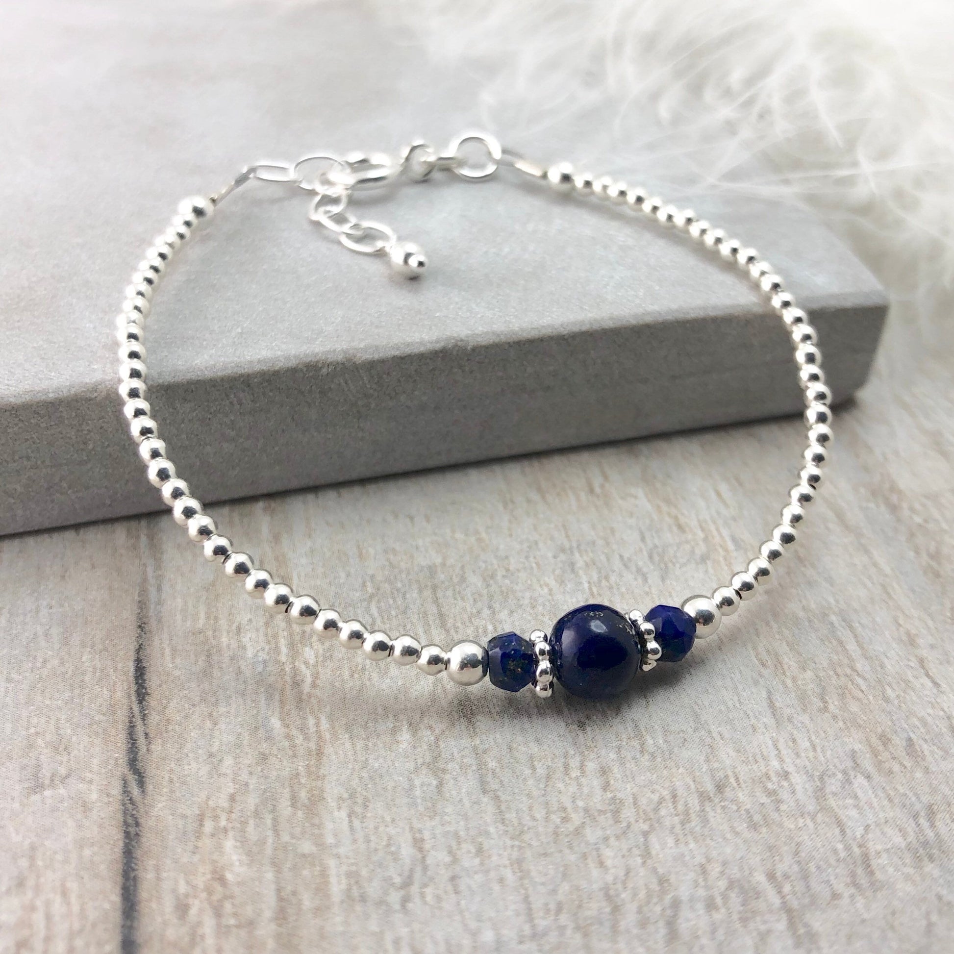 Blue Lapis Lazuli Gemstone Silver Bracelet, Dainty Thin Sterling silver birthstone bracelets for women