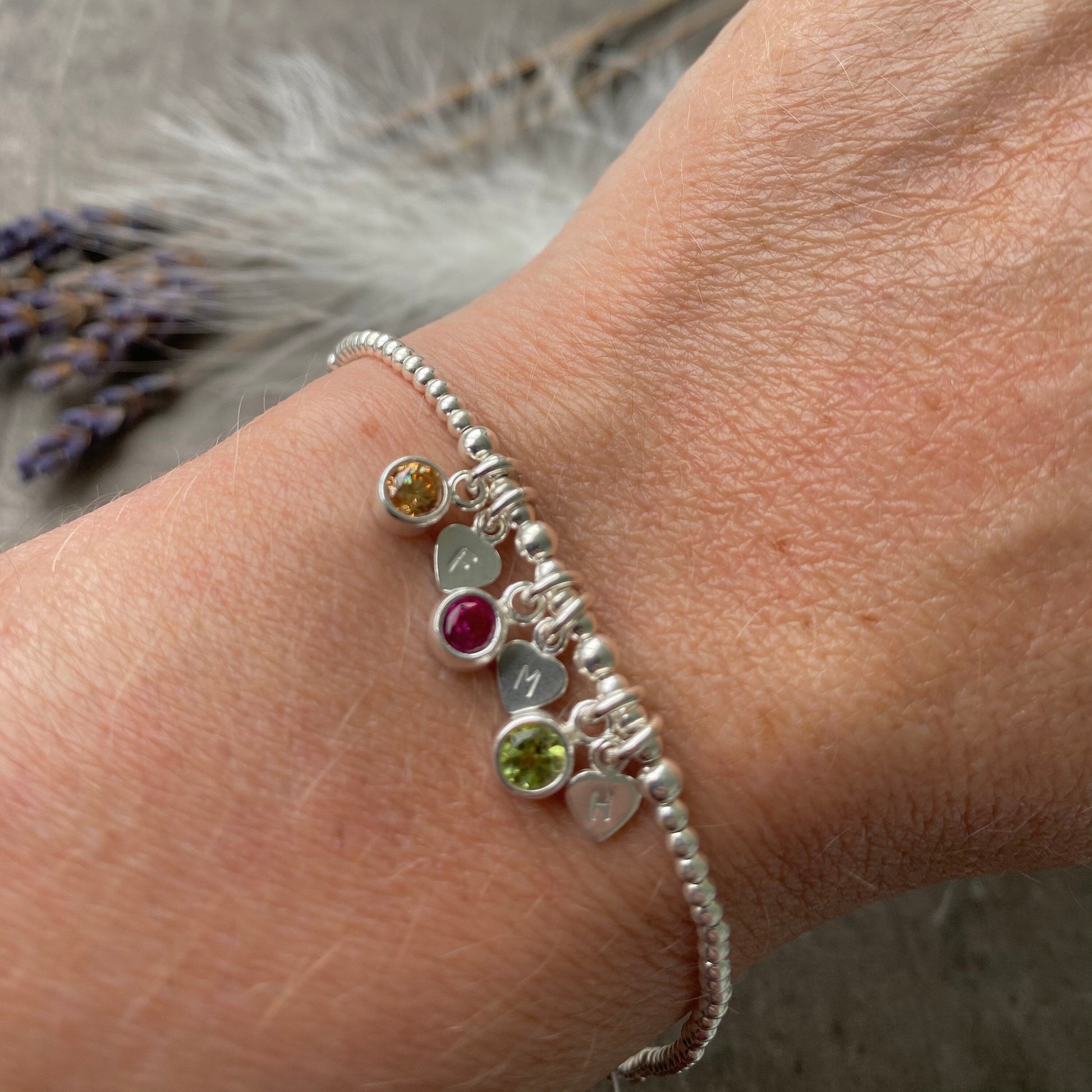 Personalised Cubic Zirconia Birthstone Charm Bracelet with Initials, Mothers Day Gift for Mum, Family Birthstone Jewellery, Mothers Day Gift