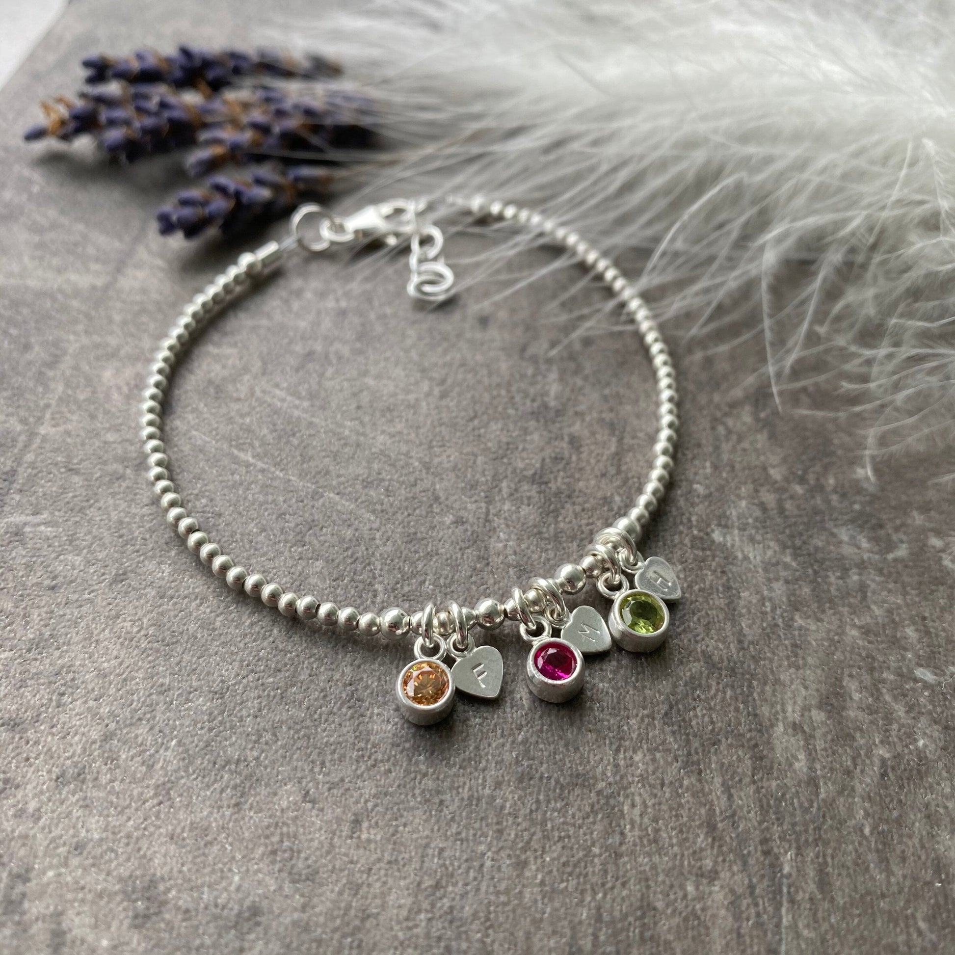 Personalised Cubic Zirconia Birthstone Charm Bracelet with Initials, Mothers Day Gift for Mum, Family Birthstone Jewellery, Mothers Day Gift