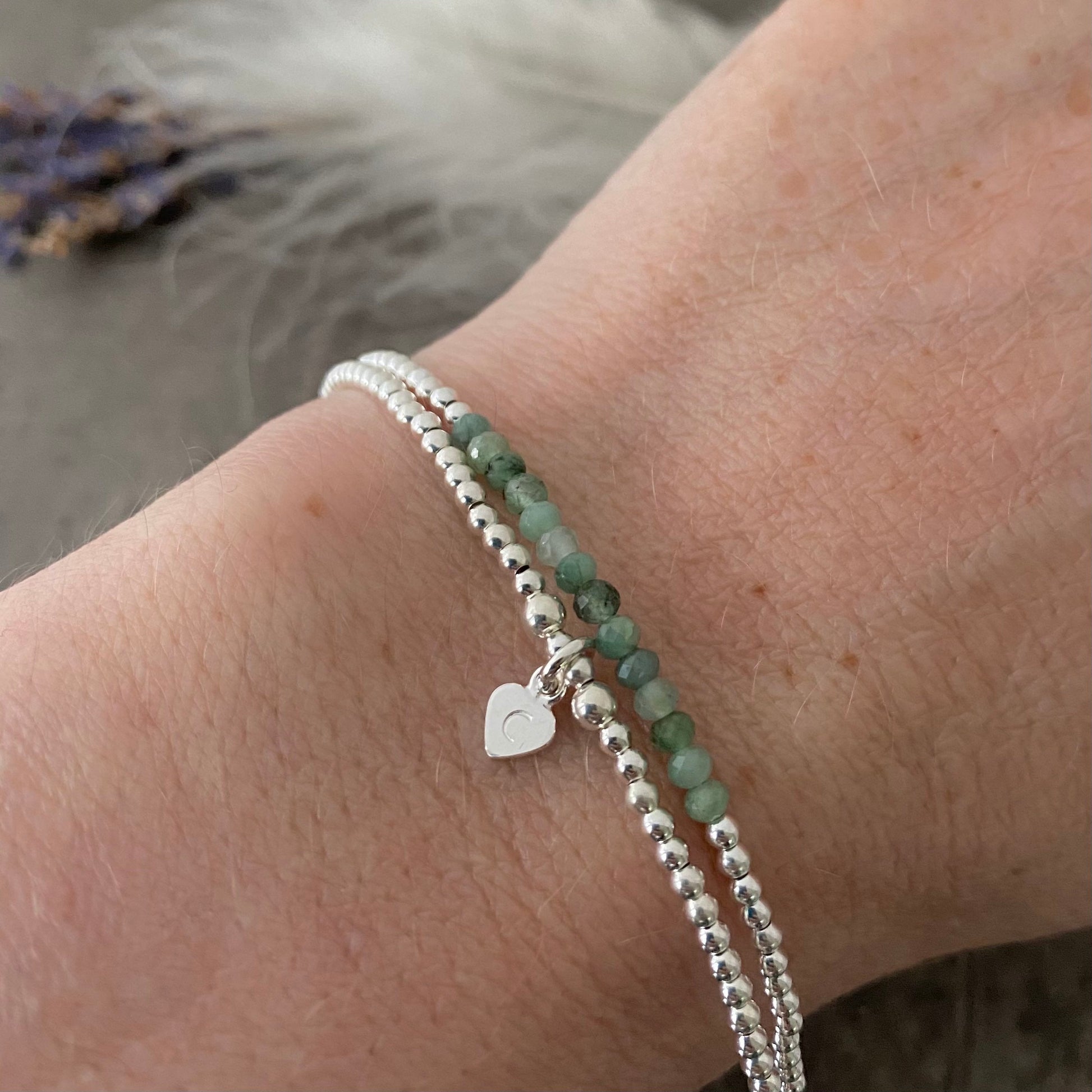 Personalised Green Emerald Bracelet Set, May Birthstone Jewellery