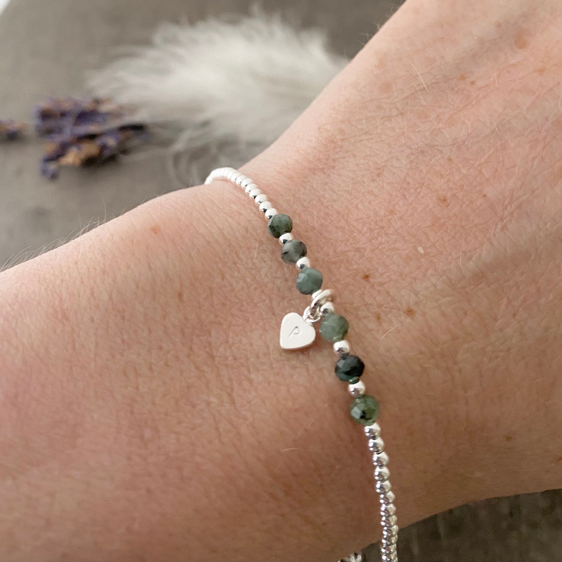 Personalised Emerald Bracelet, Dainty May Birthstone Jewellery in Sterling Silver, Initial Bracelet, Silver Bracelets for Women