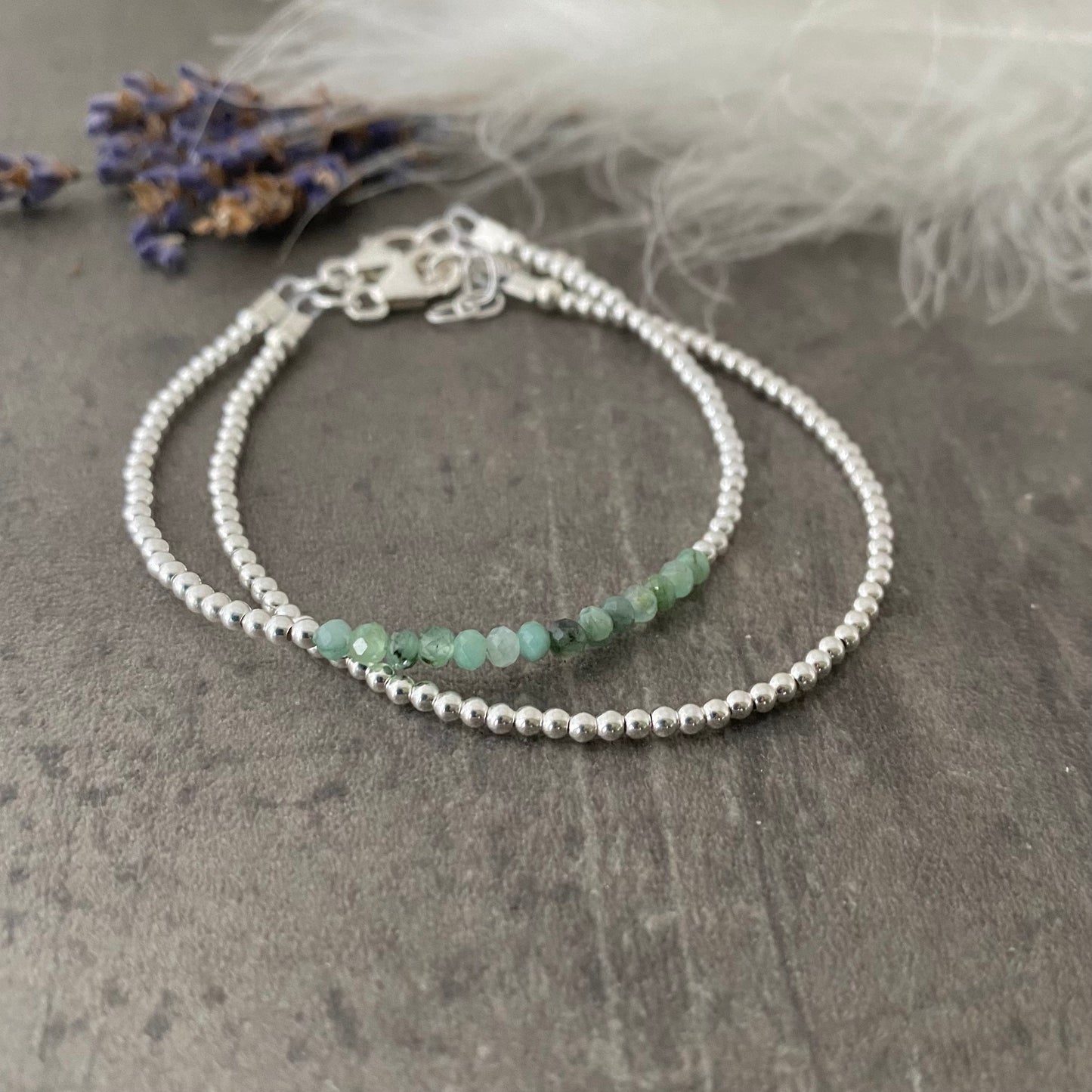Two Stacking Bracelet Set with Green Emerald, May Birthstone