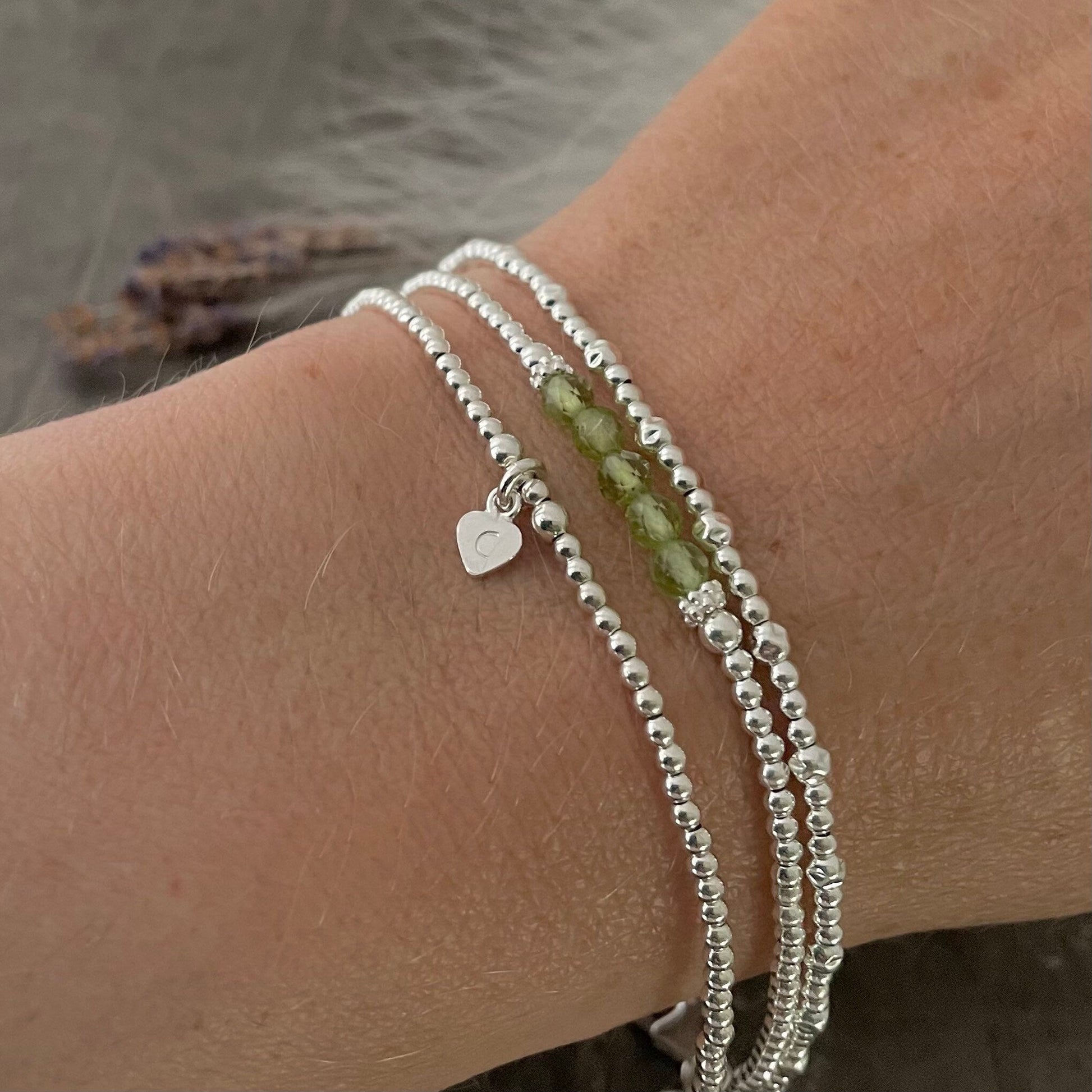 Dainty Personalised August Birthstone Peridot Bracelet Set, Dainty Sterling Silver Stacking Bracelets for Women
