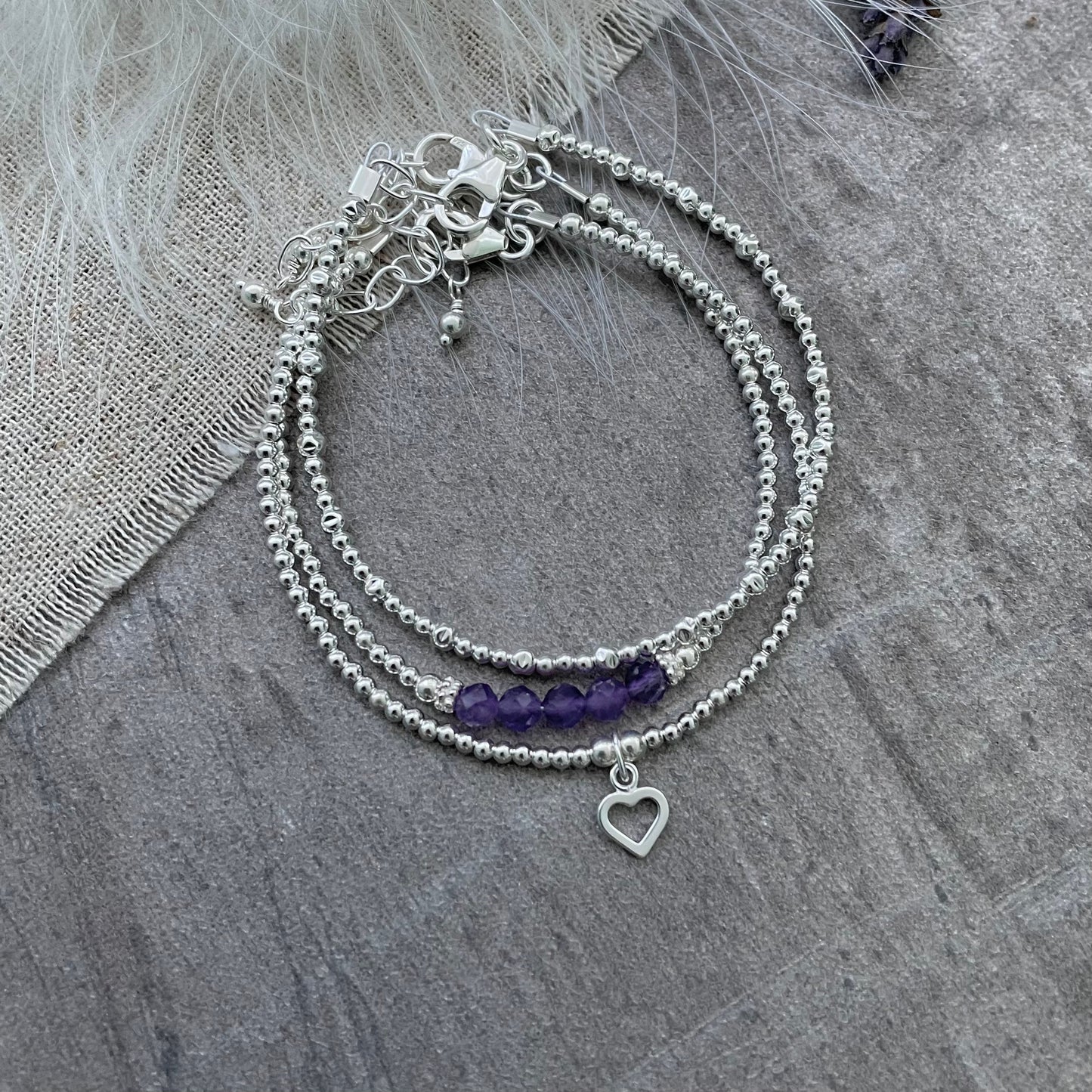 A Dainty February Birthstone Amethyst Bracelet Set, February Stacking Bracelets for Women in Sterling Silver